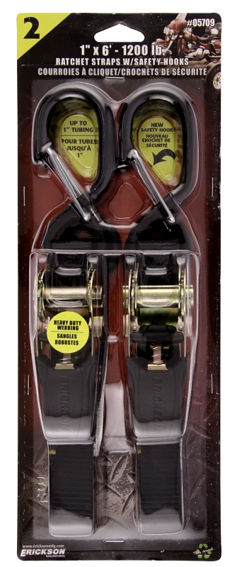 Erickson 05709 Motorcycle Strap/ATV Tie-Down, 1 in W, 6 ft L, Nylon, Black, 1200 lb Working Load, Cam Buckle End